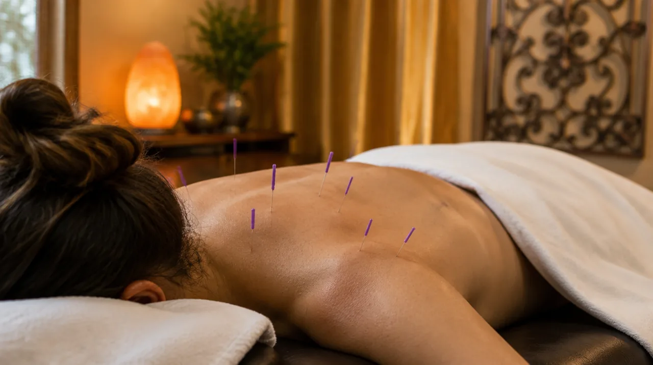 Fine acupuncture needles placed along a patient's upper back in the AcuMedGroup treatment room