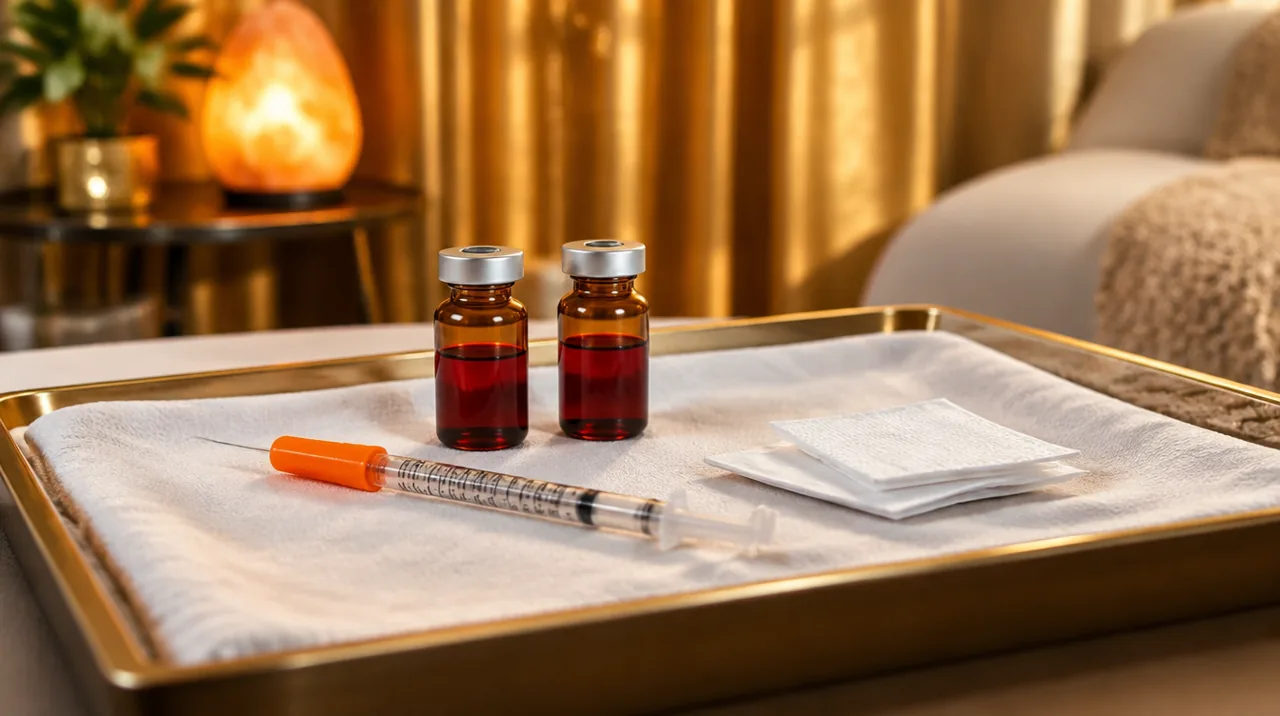 A tray with two vials of vitamin B12, a fine syringe and prep pads in the treatment room