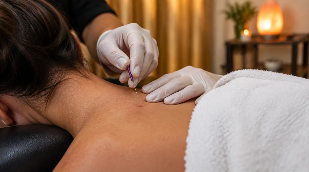 Dry needling: a single needle steadied in the upper trapezius muscle between the neck and shoulder