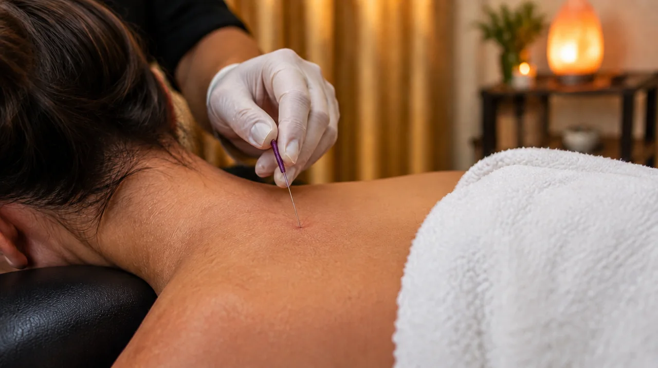 Dry needling: one gloved hand steadying a single needle in the upper trapezius muscle between the neck and shoulder