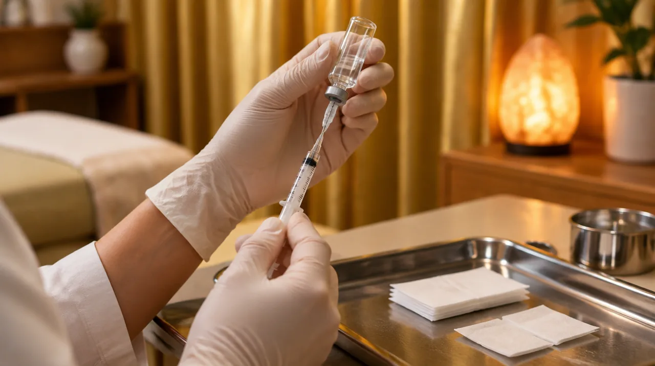 Gloved hands drawing a homeopathic solution into a fine syringe over a prep tray