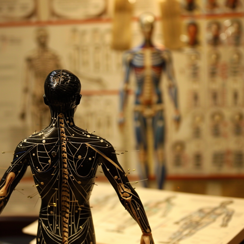An acupuncture mannequin model with meridian lines and needles against the backdrop of anatomical charts.