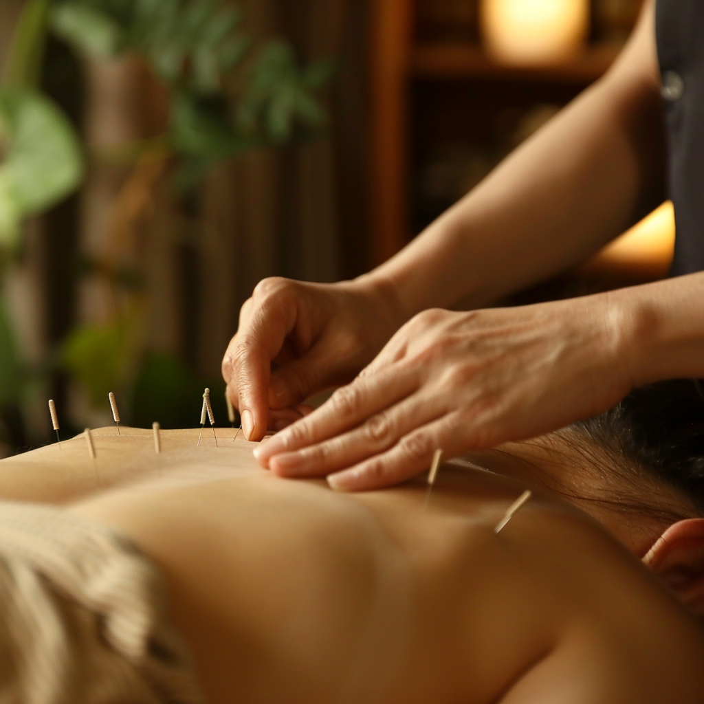 Close-up of a therapist's hands performing acupuncture on a patient's back, with several needles in place.