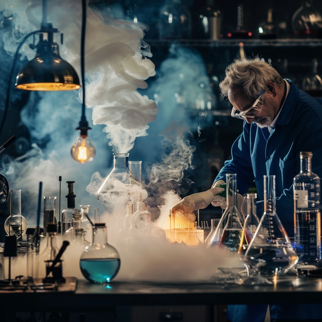 A scientist conducting an experiment with beakers and flasks emitting smoke in a chemistry lab.