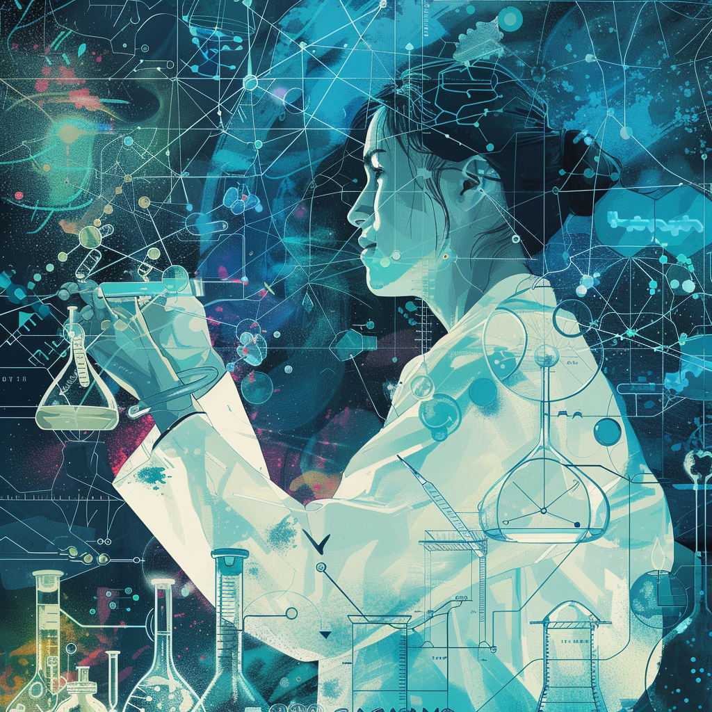 Futuristic illustration of a scientist with molecular and chemical imagery.