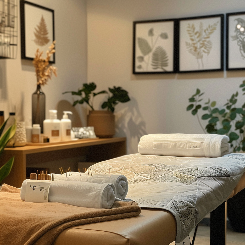 Warmly lit treatment room at AcuMedGroup Wellness Center with an acupuncture bed prepared for a session.