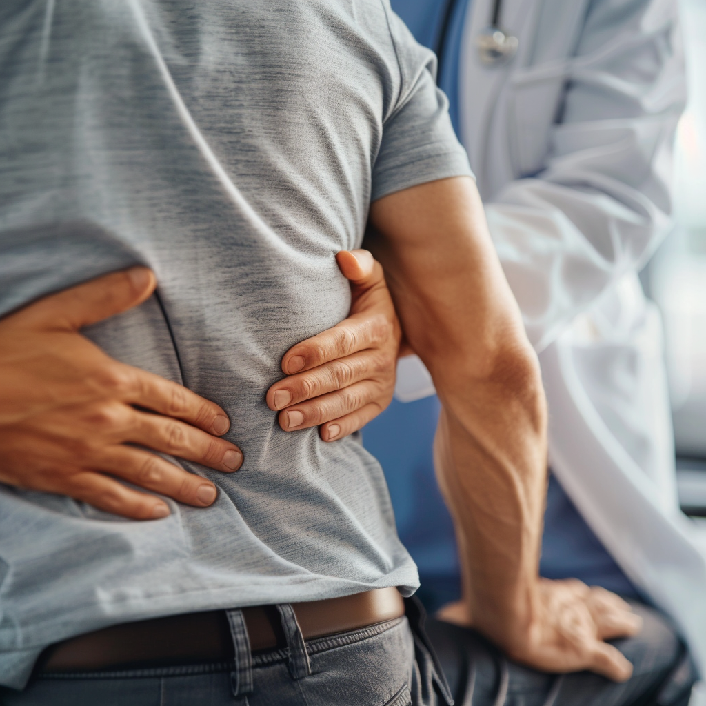 Close-up of a healthcare professional examining a patient's lower back for pain assessment.