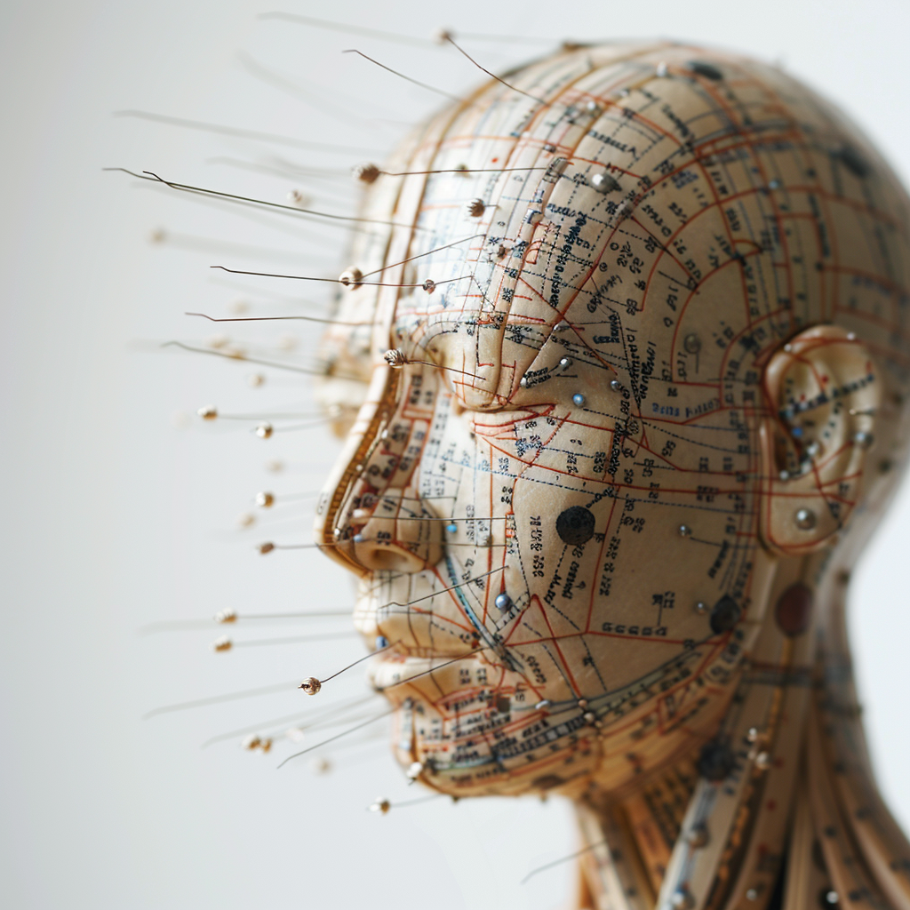 Acupuncture model head with meridian lines and inserted needles.