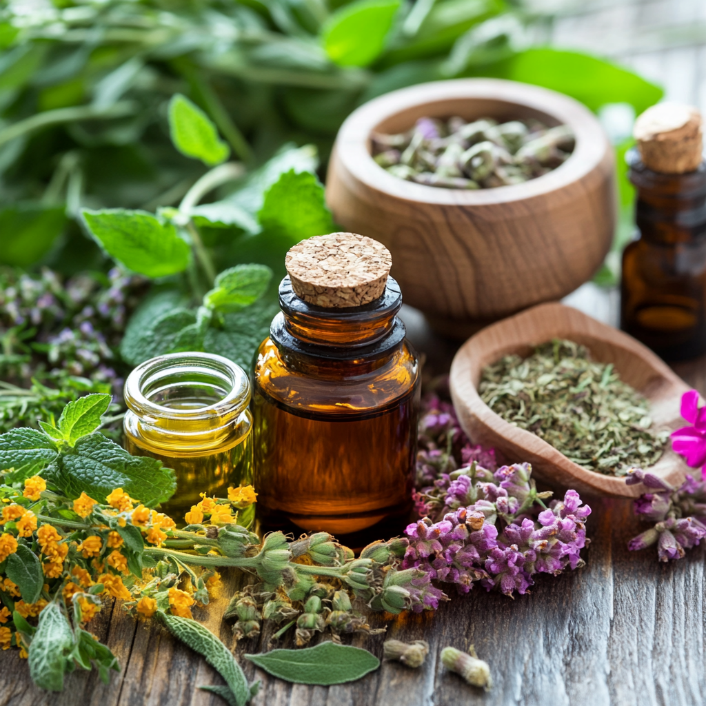 Essential oils and fresh herbs on wooden surface.