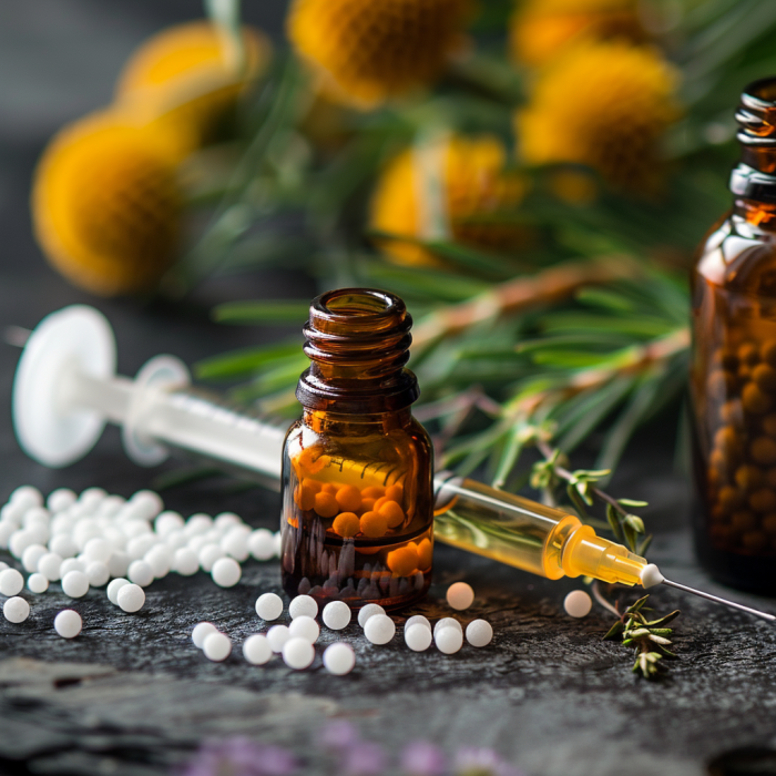 Homeopathic remedies and yellow flowers on table.
