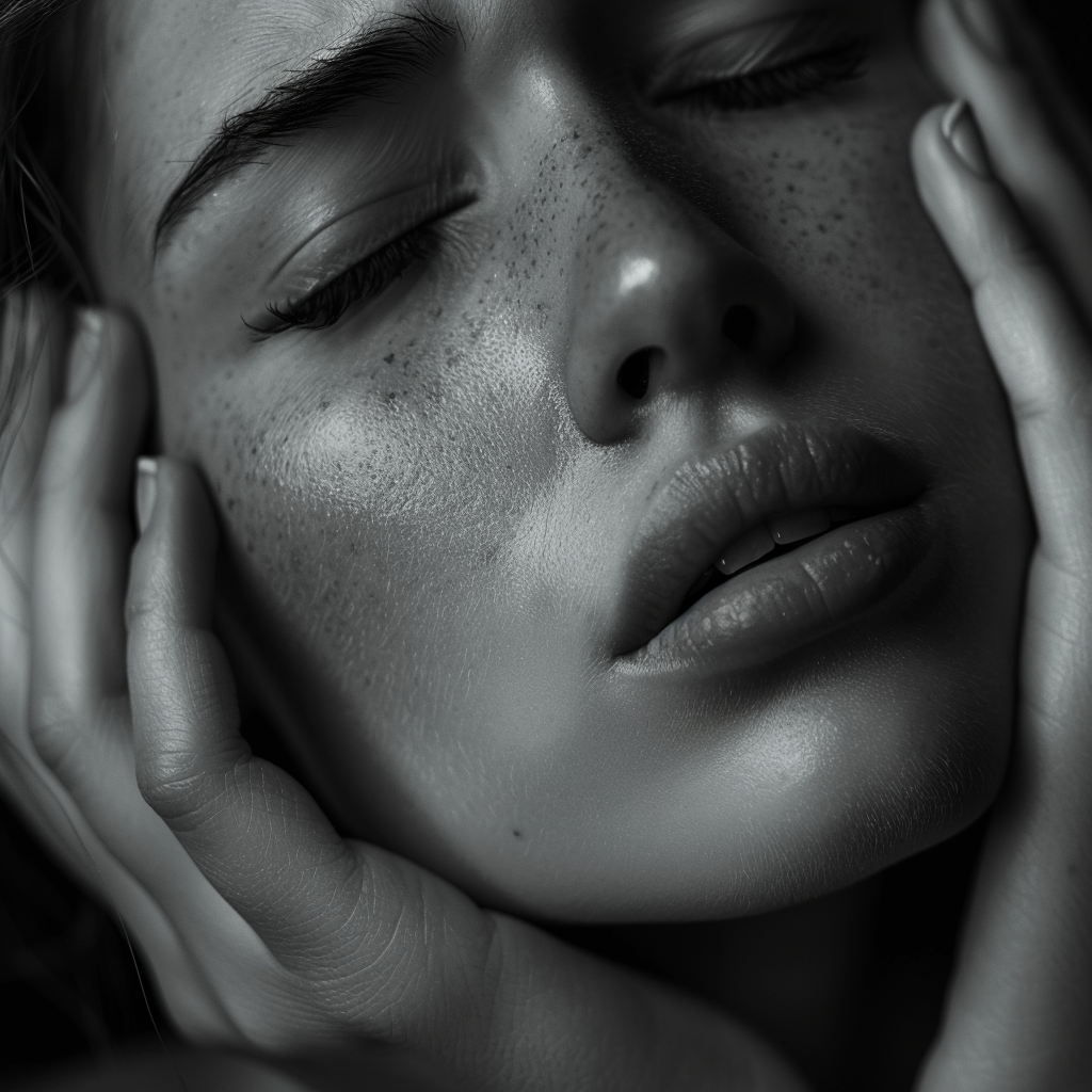 Close-up of a woman's face expressing pain, with her hands gently touching her temples.