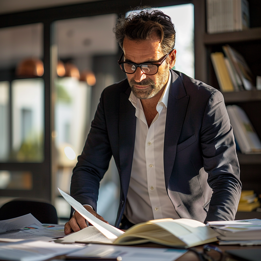 A professional man reviewing documents in a well-lit office.