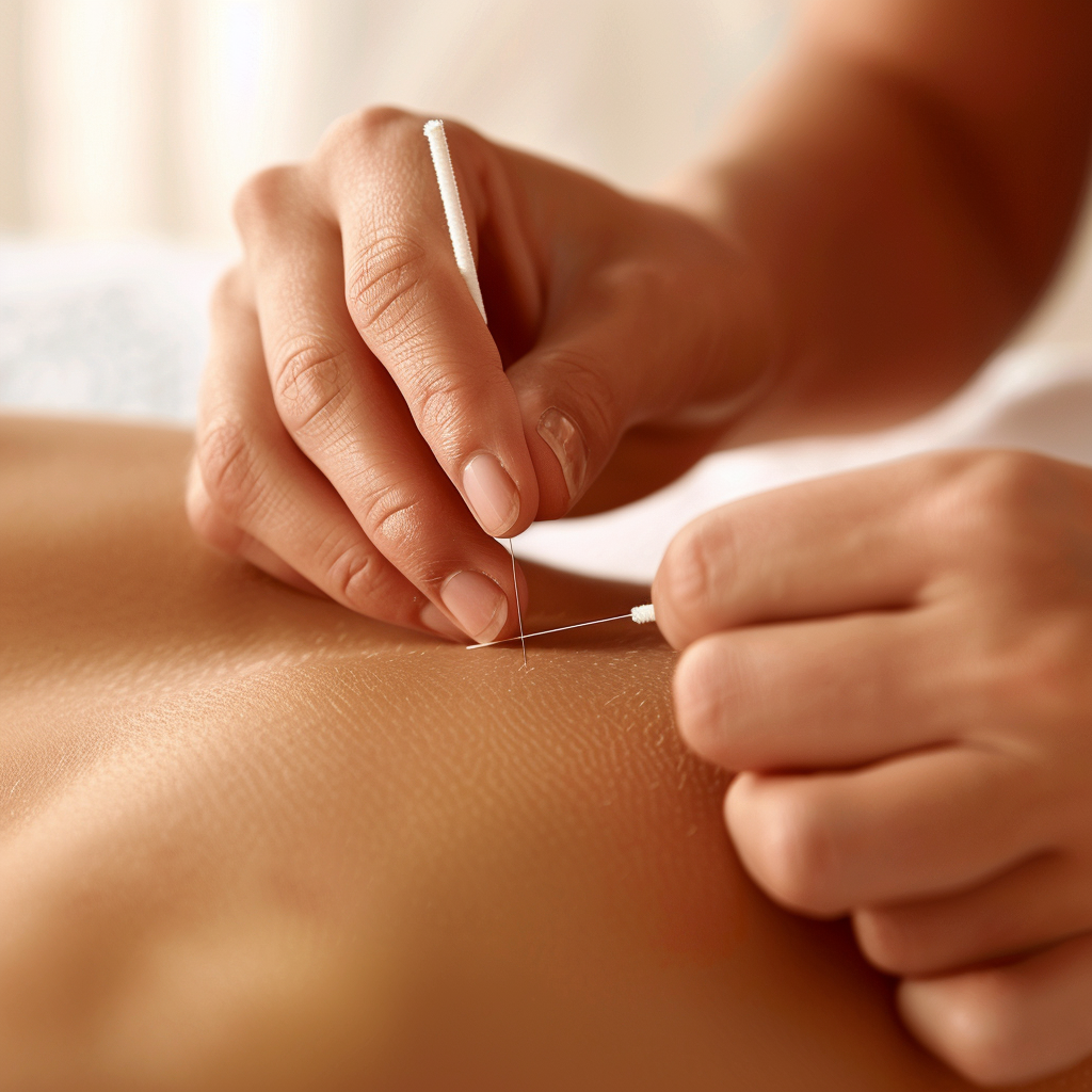 Close-up of an acupuncture treatment in progress on a person's back.