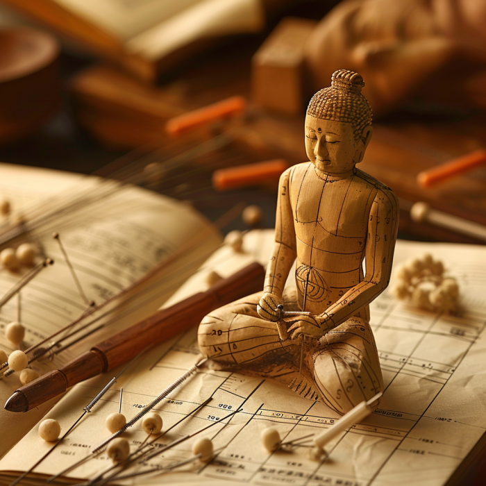 Wooden acupuncture model with tools and charts.