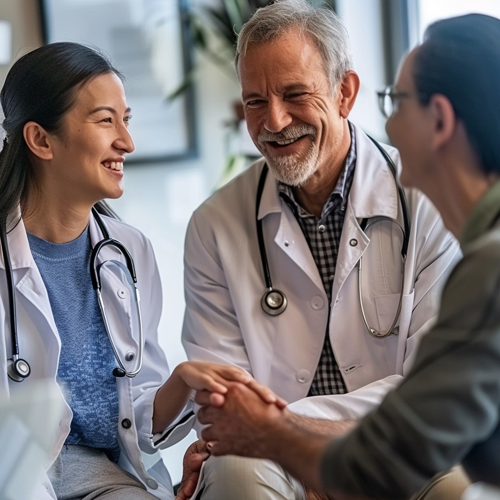 wo smiling healthcare professionals in lab coats consulting with a happy patient.