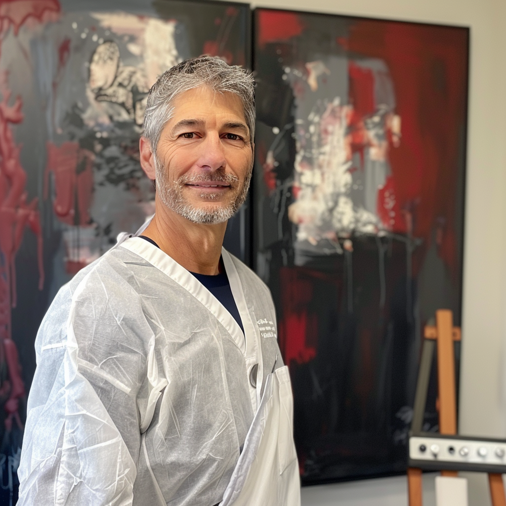 A confident healthcare professional stands smiling in a clinic, with artwork in the background.