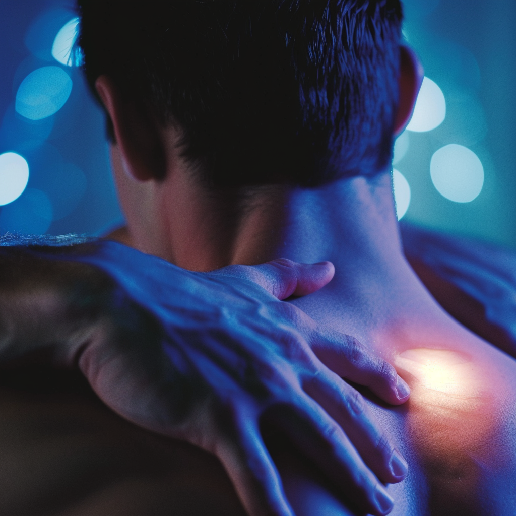 A therapeutic session in progress with a glowing light on a person's shoulder, symbolizing pain relief.