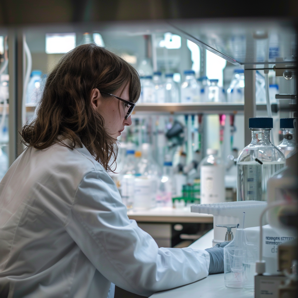 A female scientist intently analyzing samples in a well-equipped modern laboratory.