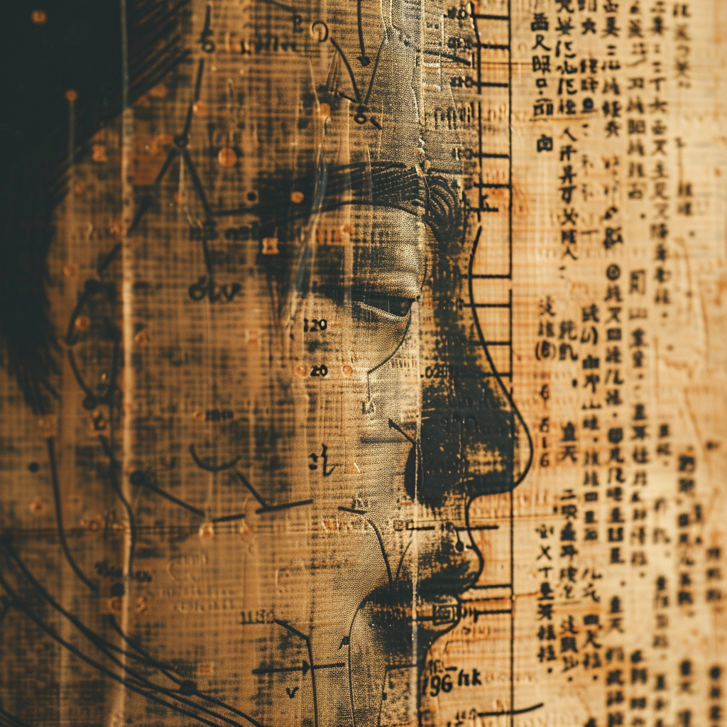 An intricate artwork overlaying a human profile with traditional Chinese acupuncture charts and texts.