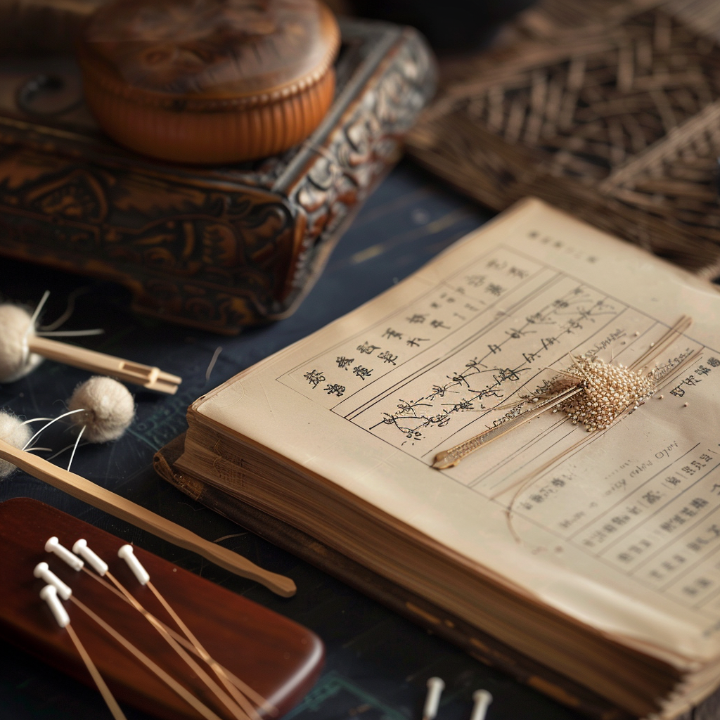 Ancient acupuncture book with meridian charts open alongside traditional acupuncture tools.