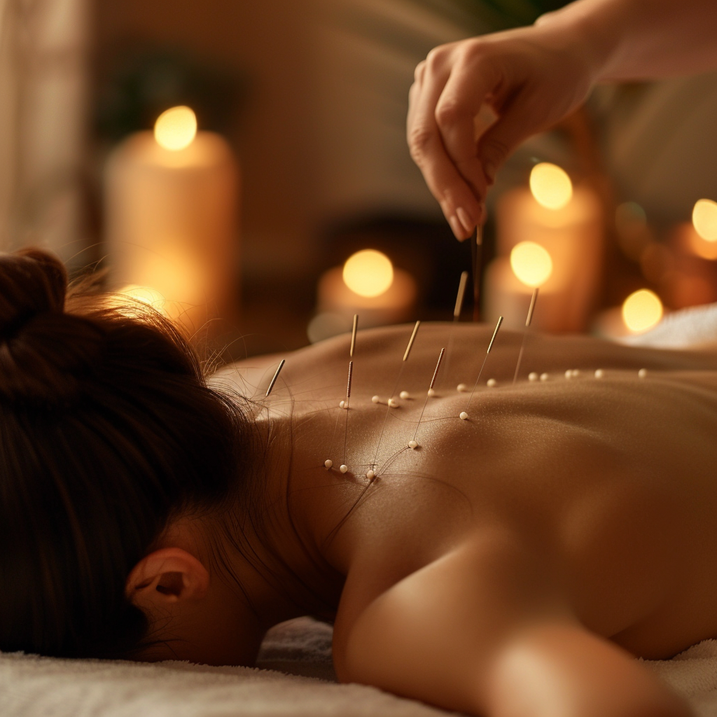 A tranquil acupuncture session in progress with a patient lying face down as needles are carefully placed along their back.