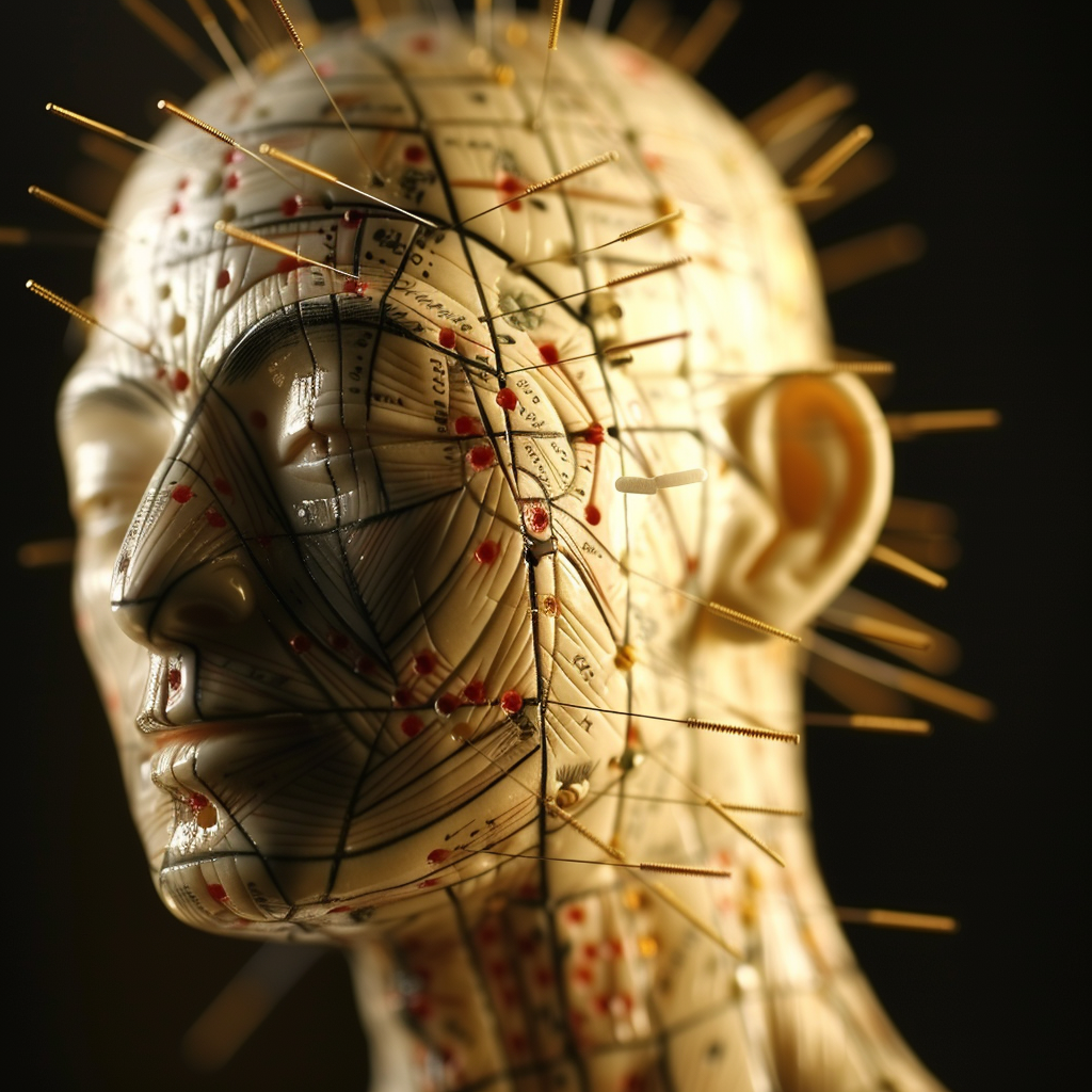 A close-up of a detailed acupuncture model head with numerous needles pinpointing specific meridian points.