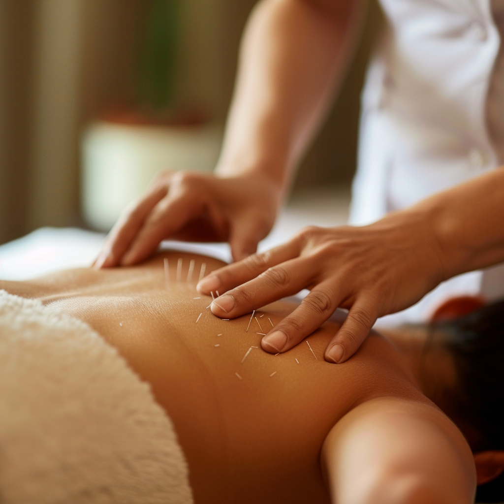 A practitioner applies acupuncture needles to a patient's back in a calm and focused manner.