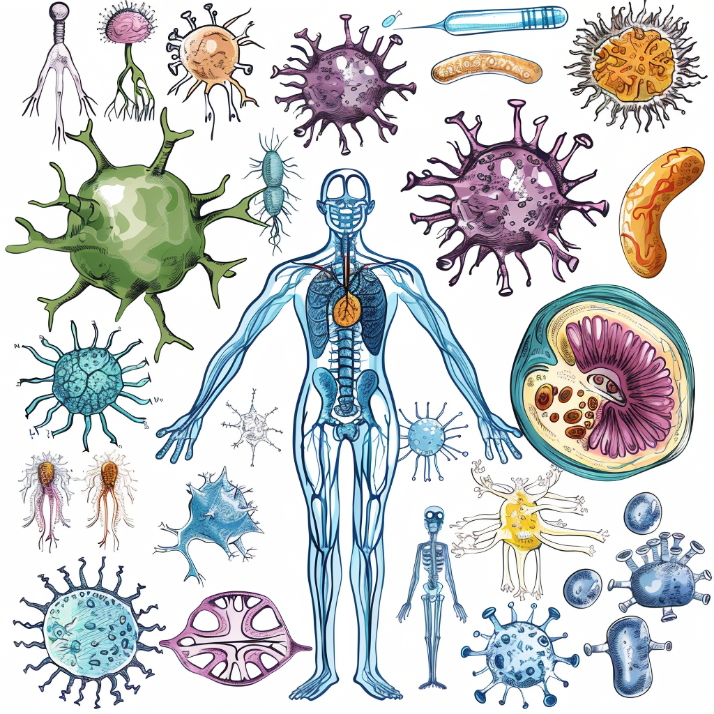Illustration of a human anatomical figure surrounded by various detailed microbes and cells, depicting the immune response.
