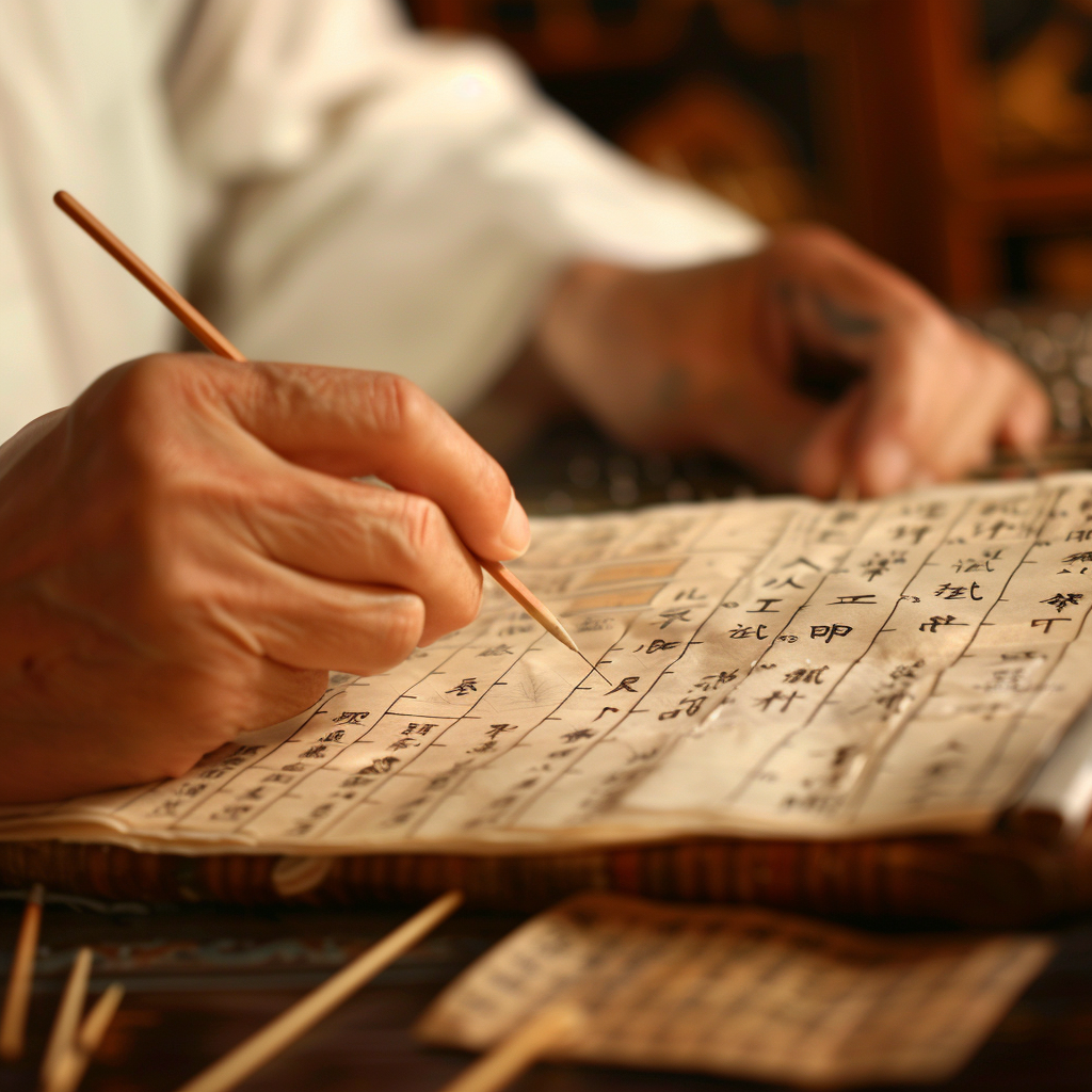 Close-up of a practitioner's hands holding an acupuncture needle over an ancient Chinese medical text.