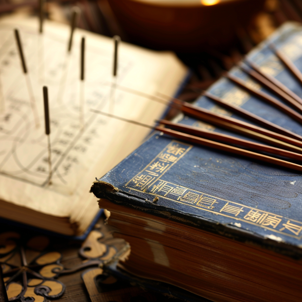 Acupuncture needles on an open book with Chinese characters, symbolizing the ancient practice of acupuncture.