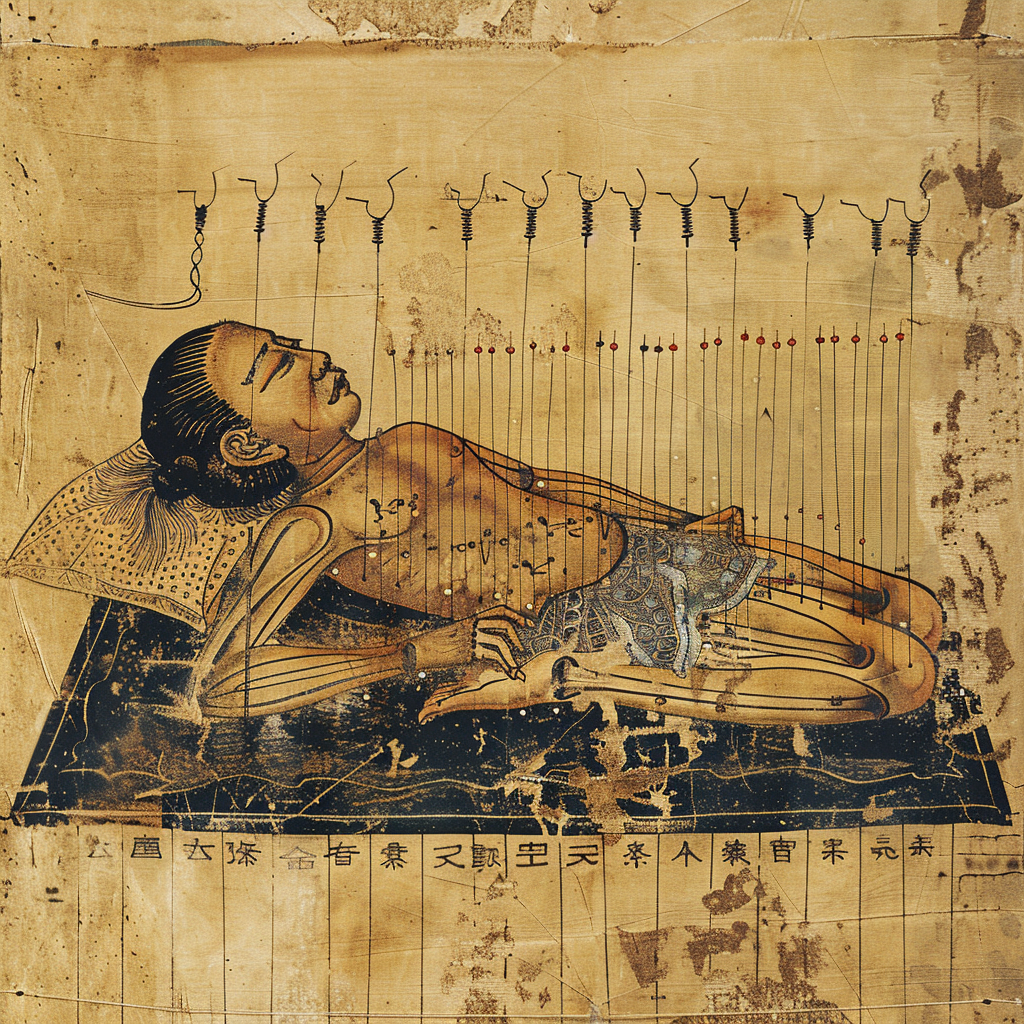 An ancient illustration depicting a person undergoing acupuncture treatment with detailed annotations of meridian points.