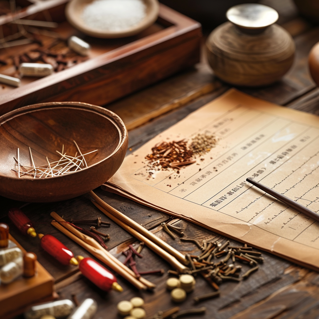 A traditional Chinese medicine workspace with acupuncture needles, herbal remedies, and an acupuncture chart.