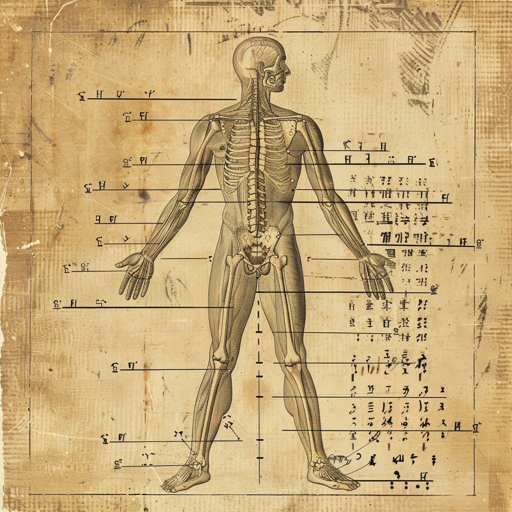 Vintage anatomical chart of a human silhouette with acupuncture meridian lines and points annotated in Chinese characters.