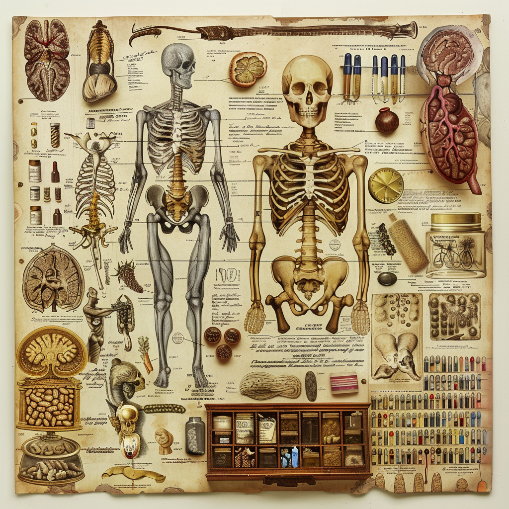 An intricate collage of vintage medical illustrations showcasing human anatomy and historical medical tools.