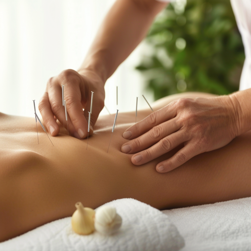 Acupuncture treatment in progress with a practitioner inserting needles into the patient's back to promote healing.