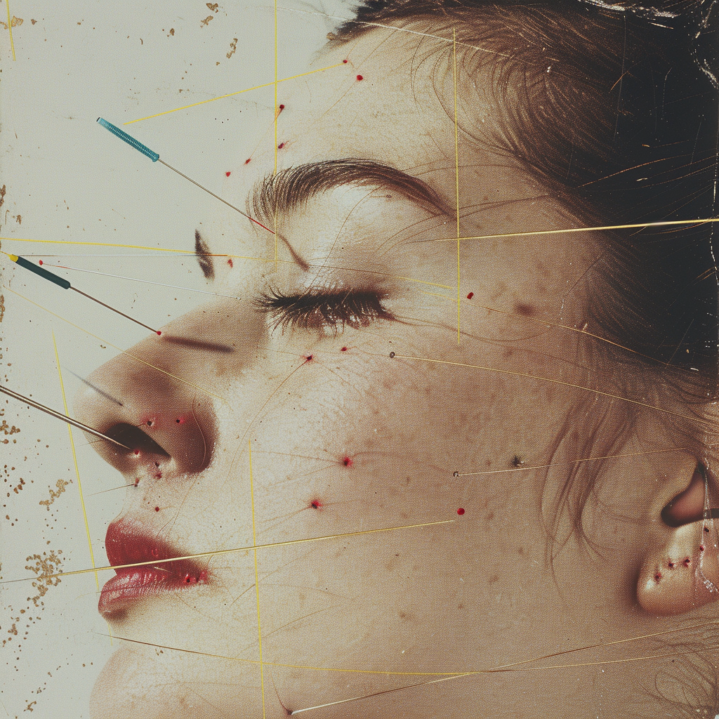 A serene woman's face with acupuncture needles placed at strategic points, overlaid with guiding lines.