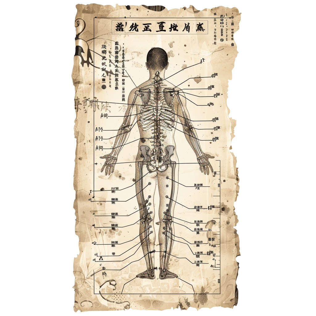 An aged acupuncture chart with annotations in Chinese characters, showing meridian lines on a human figure.