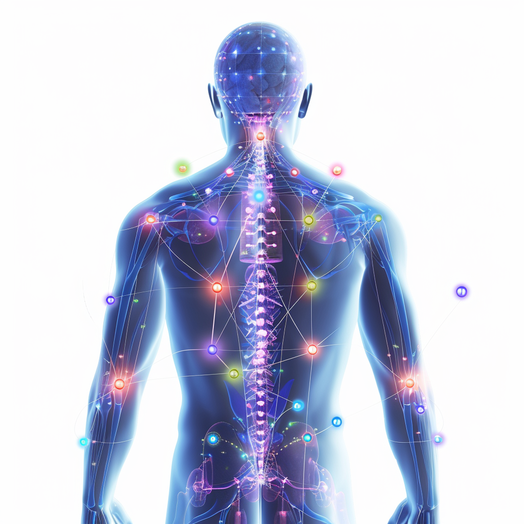 A digital representation of a human body with a neural network and meridian points illuminated, symbolizing the intersection of energy and biology.
