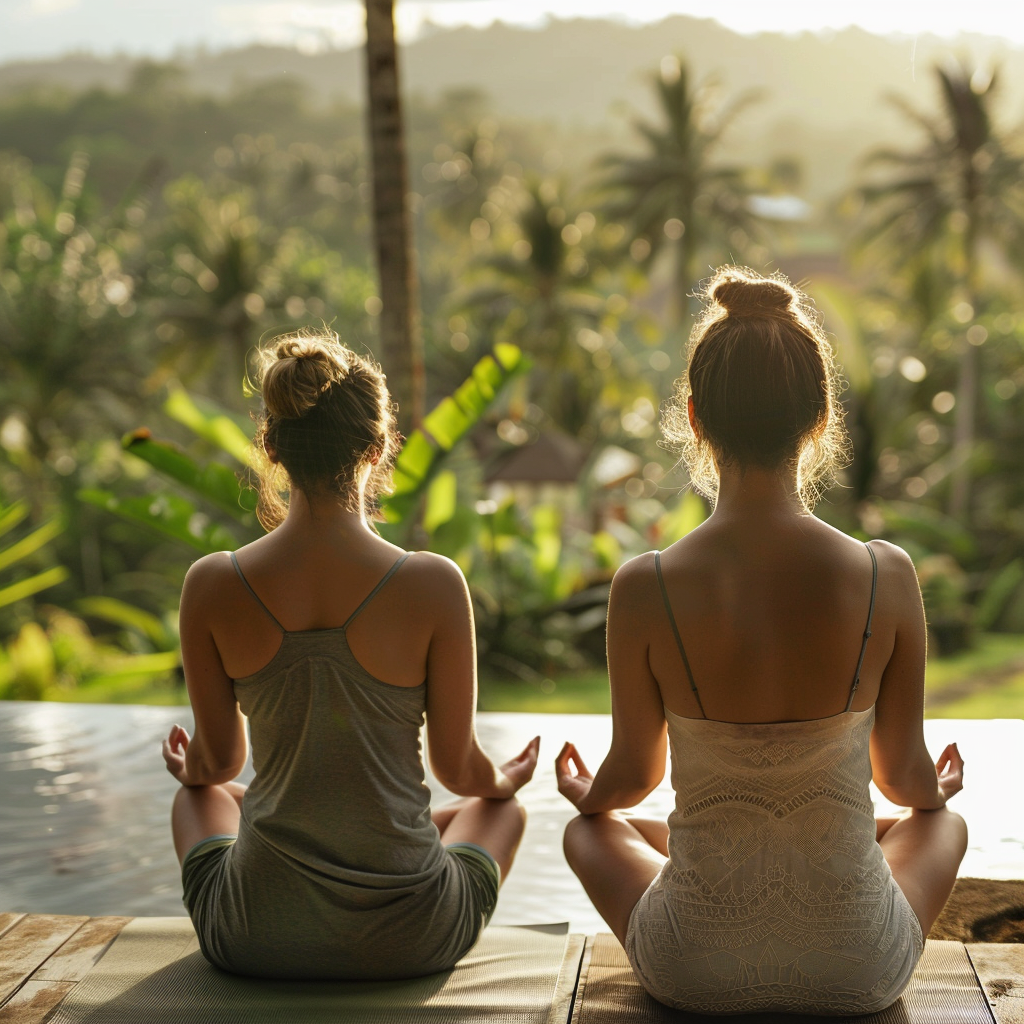 Two individuals practicing meditation in a peaceful outdoor setting, surrounded by lush greenery at sunrise.