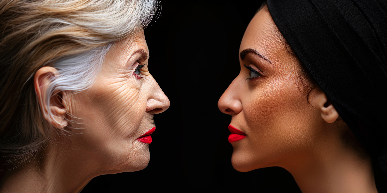 Close-up side profile of a young woman and an elderly woman facing each other against a dark background, highlighting the contrast in their skin textures and features.