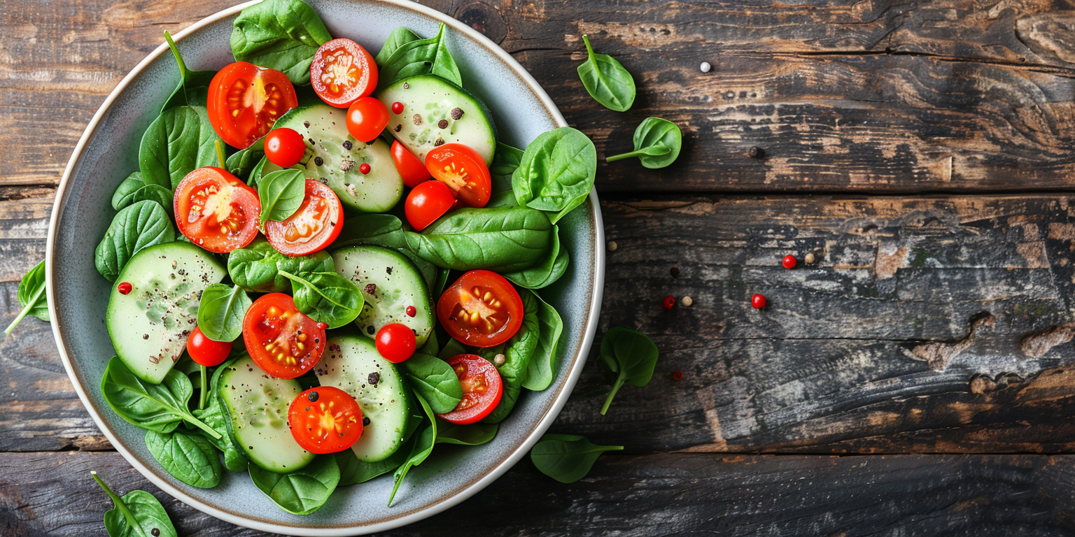 Fresh salad with spinach, cherry tomatoes, and cucumber slices on a rustic wooden table.