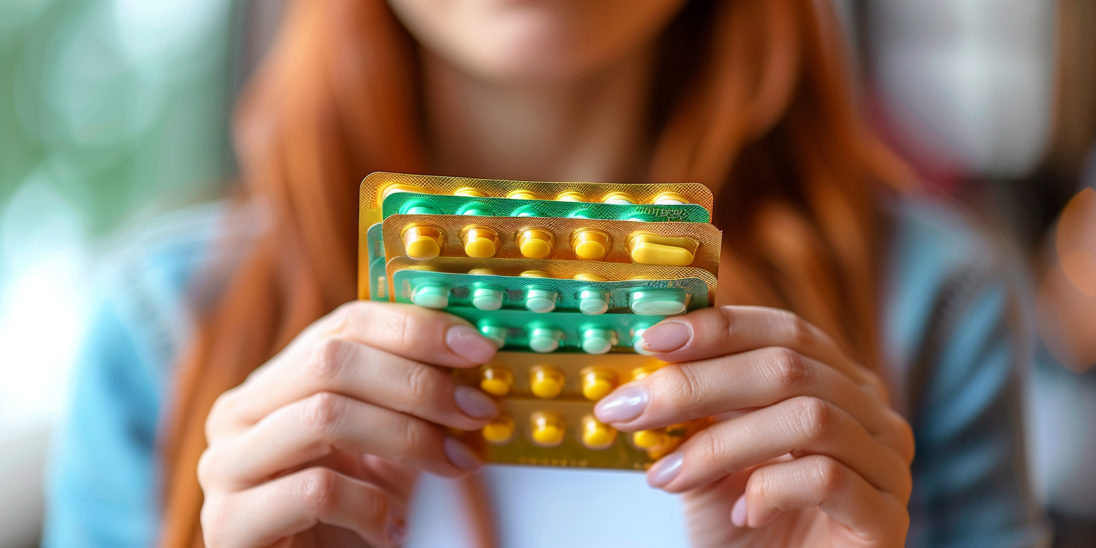 Close-up of a woman's hands holding several packs of various colored pills, emphasizing medication management.