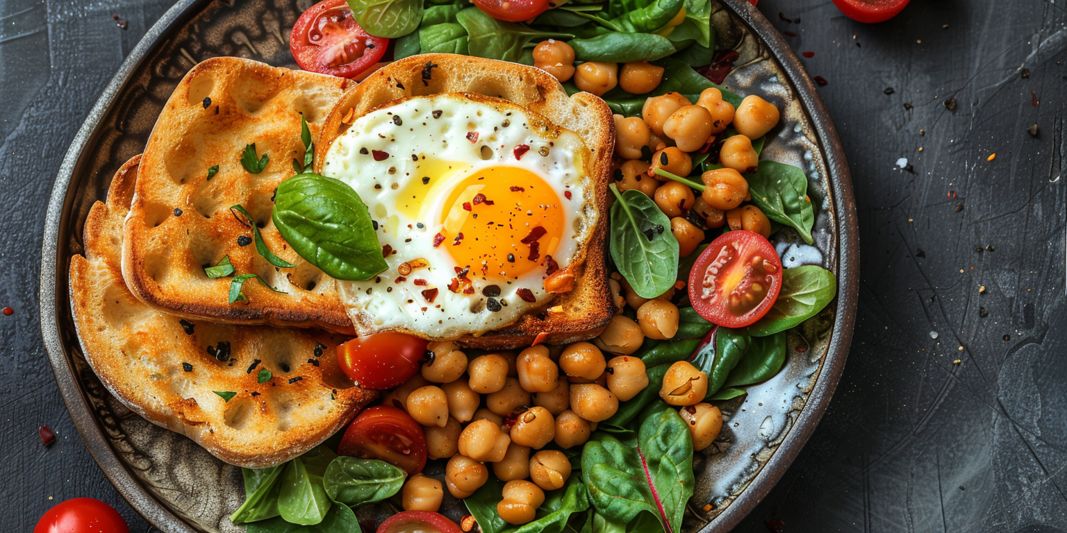 A nutritious breakfast plate featuring sunny-side-up egg on toast, chickpeas, spinach, and cherry tomatoes.