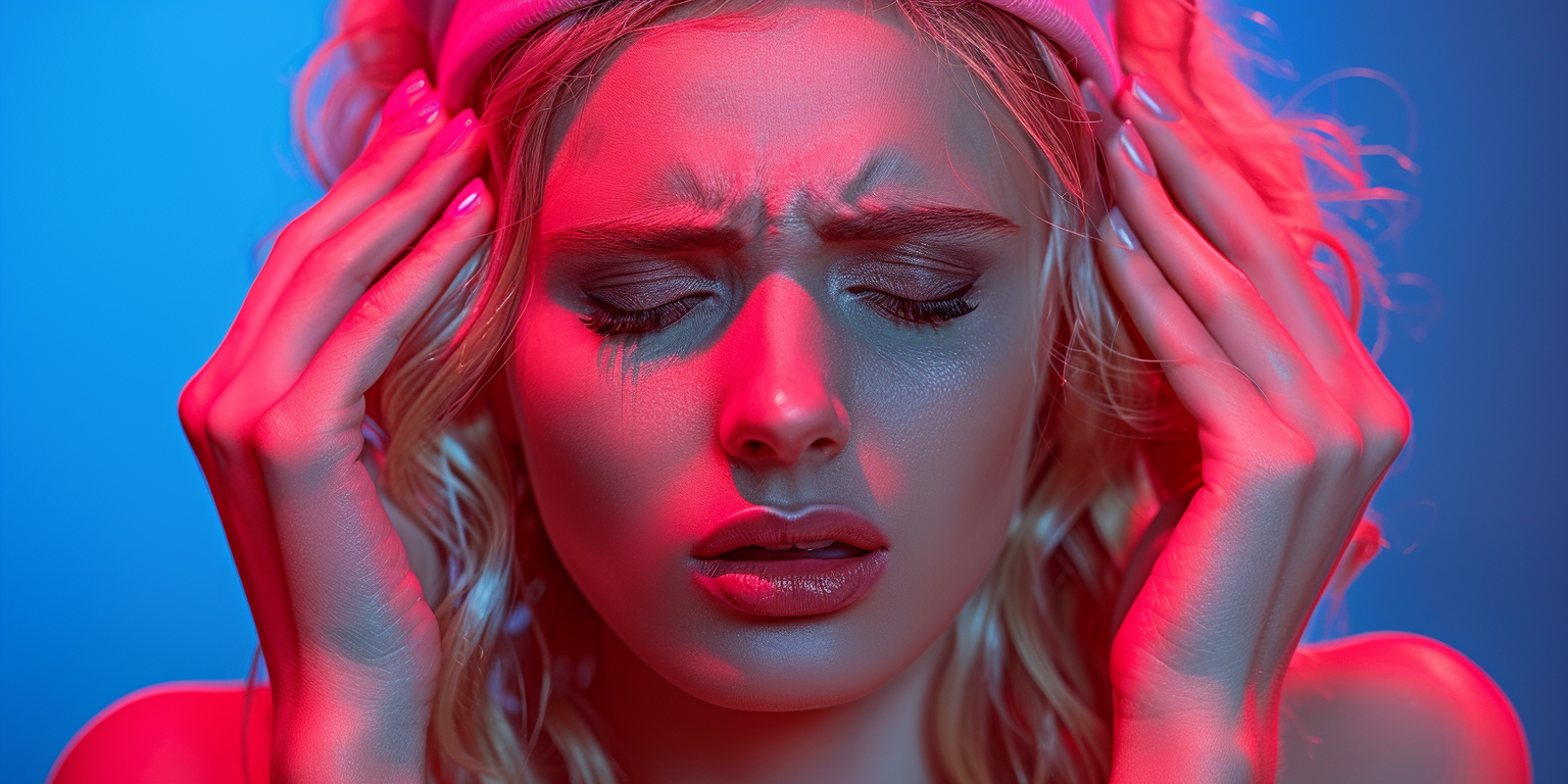 A woman in distress, highlighted in contrasting red and blue lighting, holds her head in her hands, expressing deep emotional pain or headache.