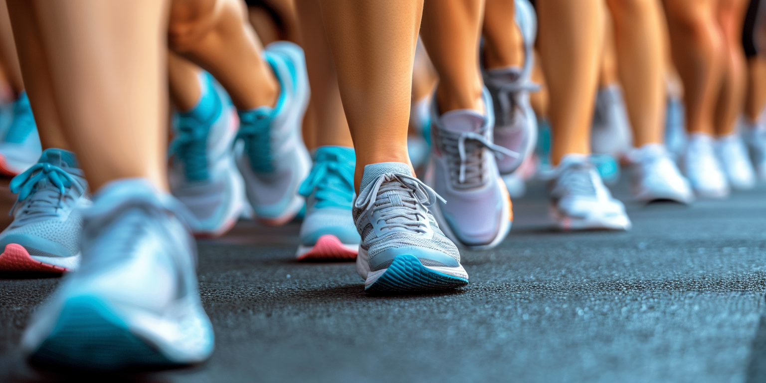 A close-up view of several people wearing various styles of athletic shoes while standing on a street, highlighting an active lifestyle.