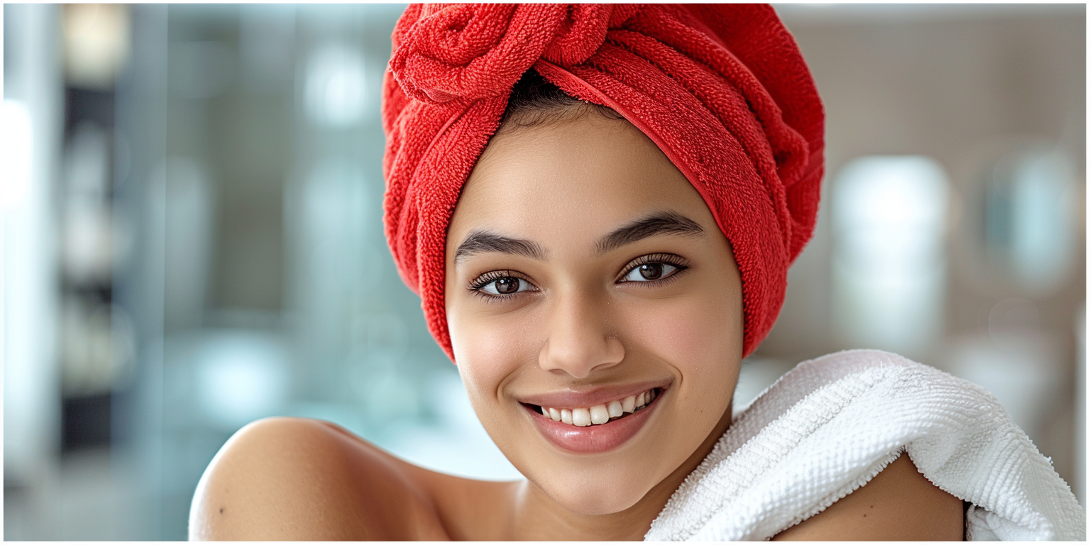 Young woman with a radiant smile, wearing a red towel turban and a white bathrobe, exemplifying health and wellness.