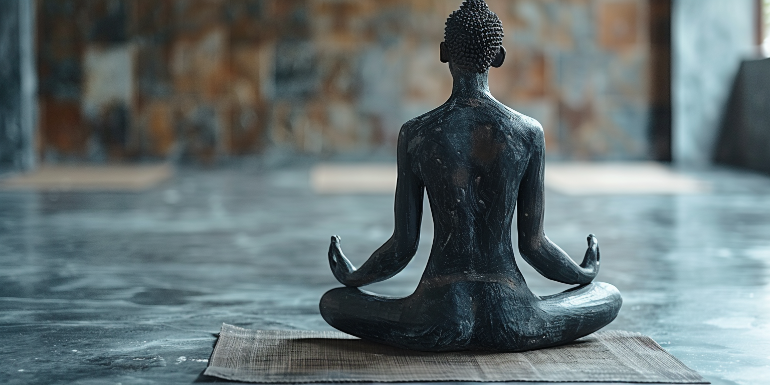 Bronze statue of Buddha in a meditative pose, seated on a mat with a blurry background.