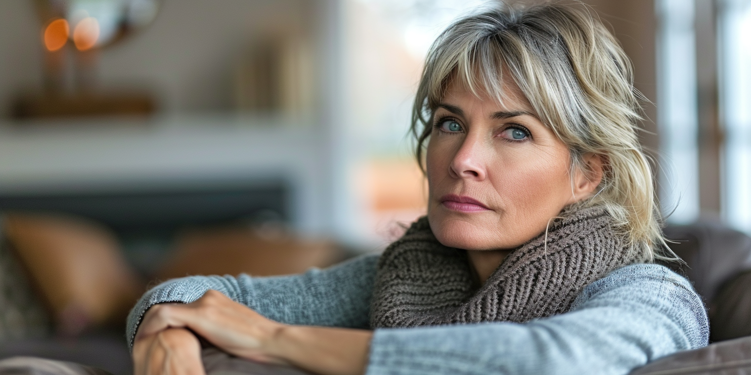 A contemplative middle-aged woman, wrapped in a cozy grey scarf and sweater, gazes thoughtfully off-camera in a warmly lit home setting.