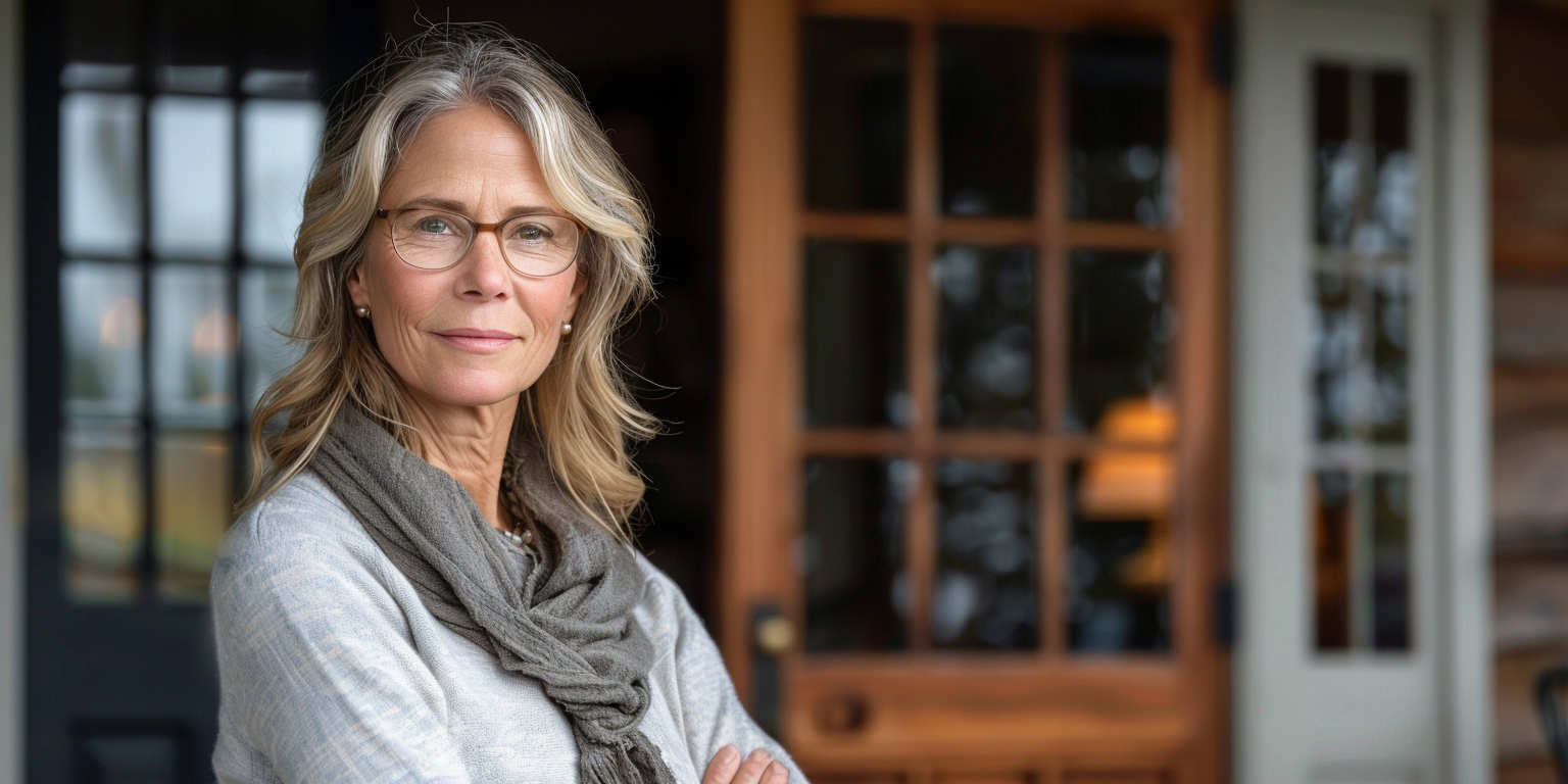 Confident mature woman with grey hair and glasses, smiling gently in a homely setting, dressed in a light jacket and scarf.