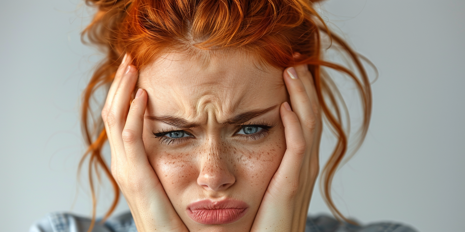 A close-up portrait of a distressed young woman with vibrant red hair, pressing her hands against her face, her forehead wrinkled in frustration or worry.